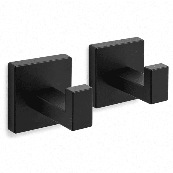 PLERISE Heavy Duty Stainless Steel Towel Hooks, Wall Mounted Square Robe Hooks for Bathroom Kitchen Bedroom, Matte Black, 2 pack