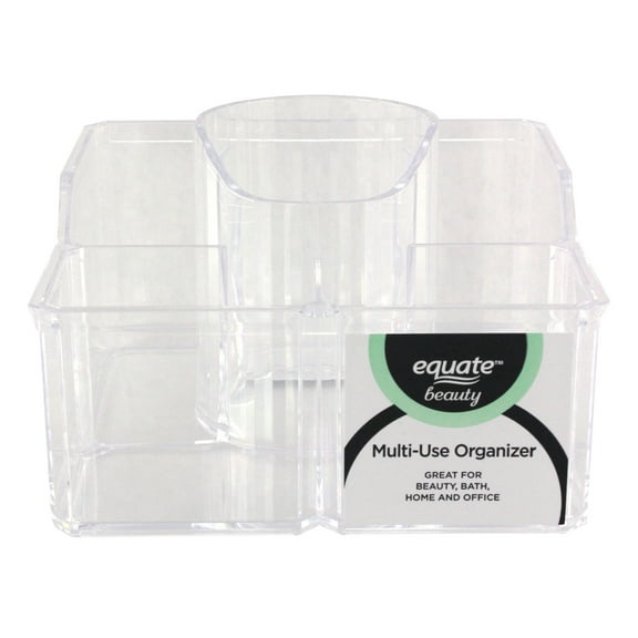 Equate Clear Makeup & Beauty Accessories Organizer with 6 Compartments, Size 7" x 7" x 4"