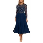 XSCAPE Women's Sequin Embroidered Long Sleeve Dress Blue Size 12