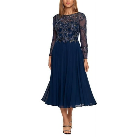 XSCAPE Women's Sequin Embroidered Long Sleeve Dress Blue Size 12