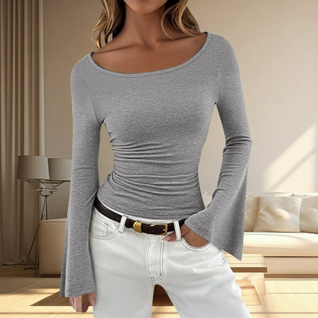 TINZ Fall Off Shoulder Crop Top Casual Sleeve Ribbed Ruffle Detail Blouse Shirt For Outing Jean Shirt for Women Blouse Women Long Sleeve Tops for Women Long Sleeve