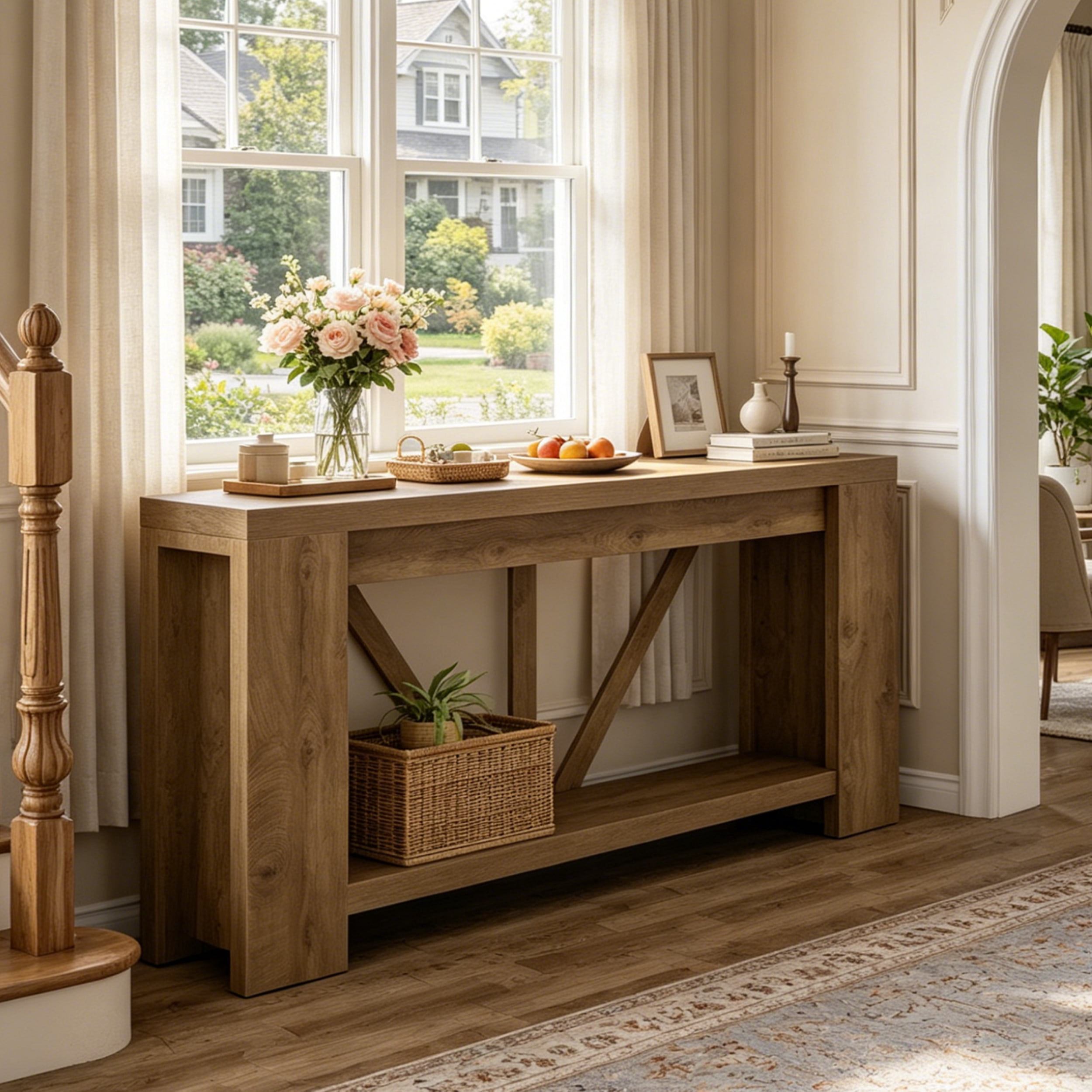 Fnova 70.9" Console Table, 2-Tier Farmhouse Entryway Table, Narrow Long Wood Sofa Table Behind Couch with V-Shaped Support for Living Room, Hallway, Foyer