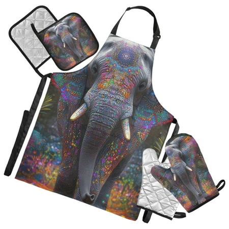 Vibrant Elephant 5 Pcs Kitchen Set Heat Resistant Oven Mitts and Non-Slip Pot Holders with Adjustable Cooking Apron