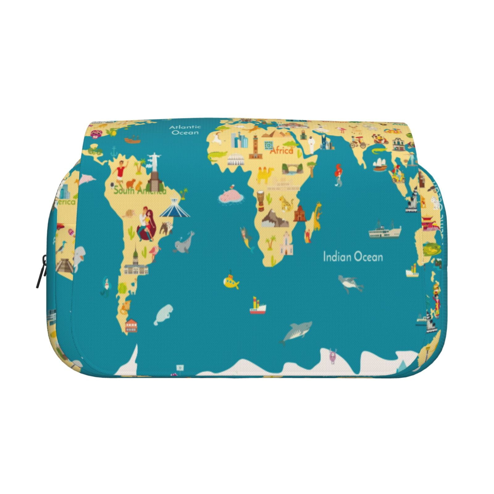 Rateoe World Map With Landmarks Pattern Double Clamshell Pen Case, Storage Organizer with Two Zipper Compartments– Holds Up to 50 Pencils & Pens