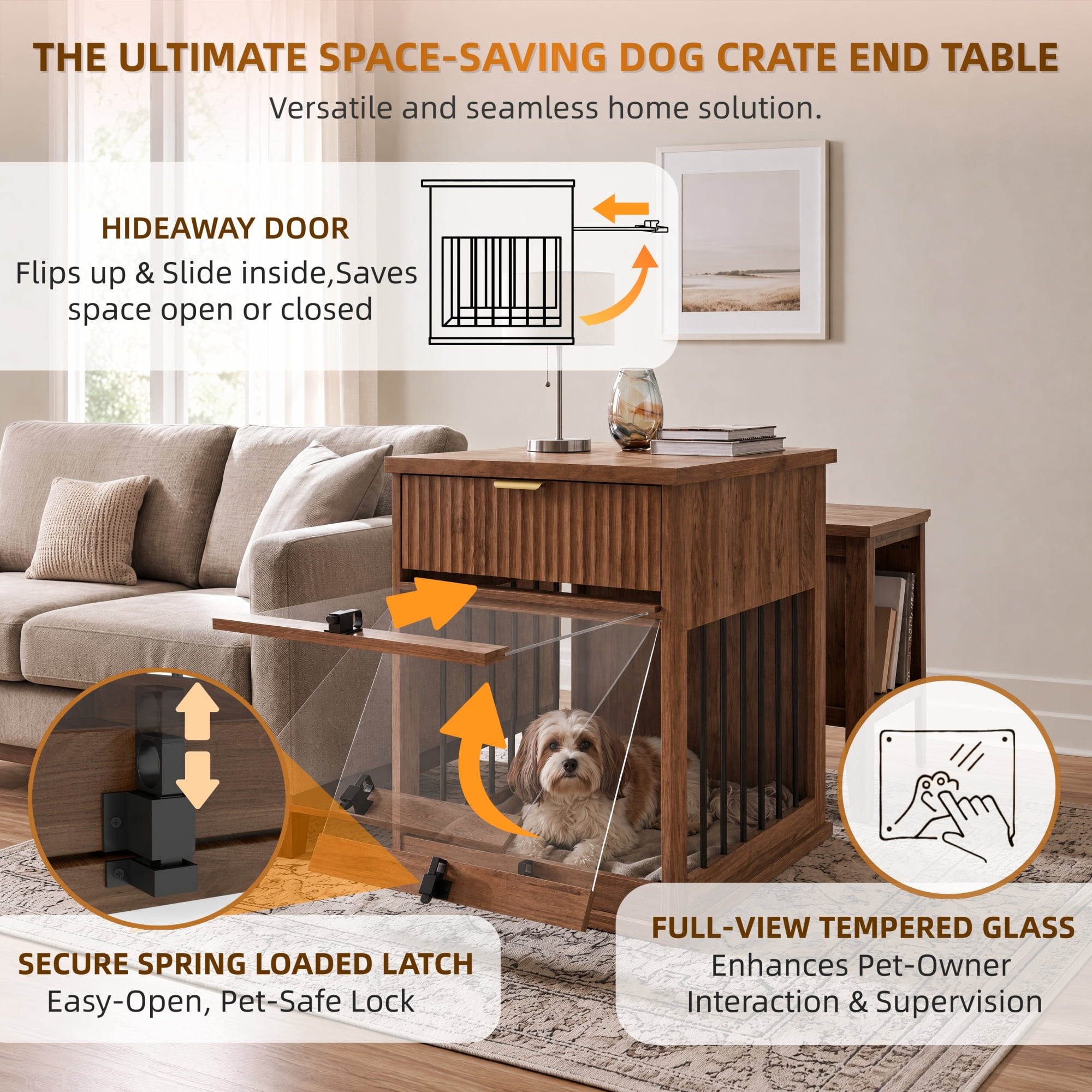 Leumius End Table with Charging Station, Dog Crate with Hideaway Tempered Glass Door, Multi-Functional Pet Station Side Table with Storage Drawer for Small Medium Dog Brown