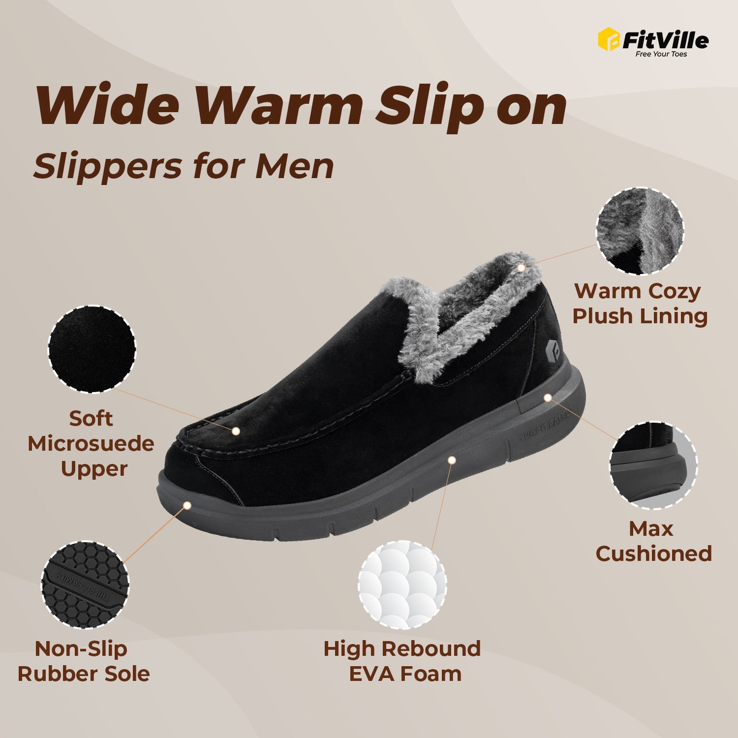 FitVille Extra Wide Mens Slippers Orthopedic Winter Shoes 