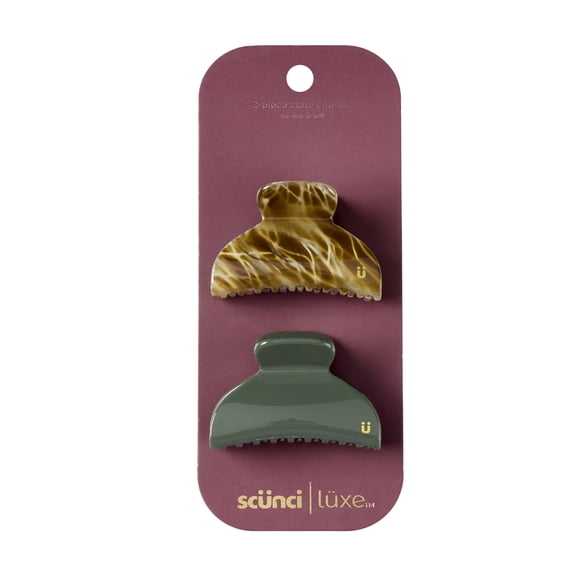 Scunci Luxe by Conair No-Slip Grip Mini Claw Clips, Tiger Tortoiseshell & Deep Green, 2 Count