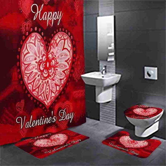 Romantic Red and White Mandala Heart Valentine's Day 4-Piece Shower Curtain Set with Bath Mats and Toilet Lid Cover for Bathroom Decor