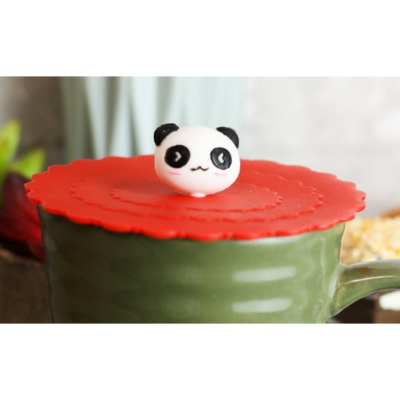 Set Of 4 Red Giant Panda Reusable Silicone Coffee Tea Cup Cover Lids Air Tight