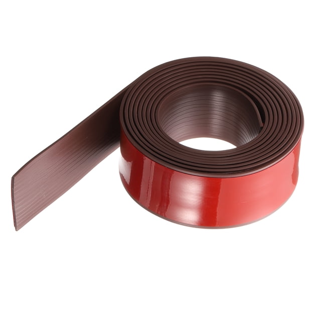 Uxcell Floor Transition Strip 2" 10ft Self-Adhesive Edging Trim in coffee color, made of durable PVC material with a high-imitation wood texture. The strip features a self-adhesive backing with acrylic transparent glue for easy installation and strong adhesion. Designed to cover gaps, cracks, and damaged corners between wooden floors, tiles, or under room doors. The surface is embossed for a high-end look and improved wear resistance. Measures 10 feet in length and 2 inches in width.