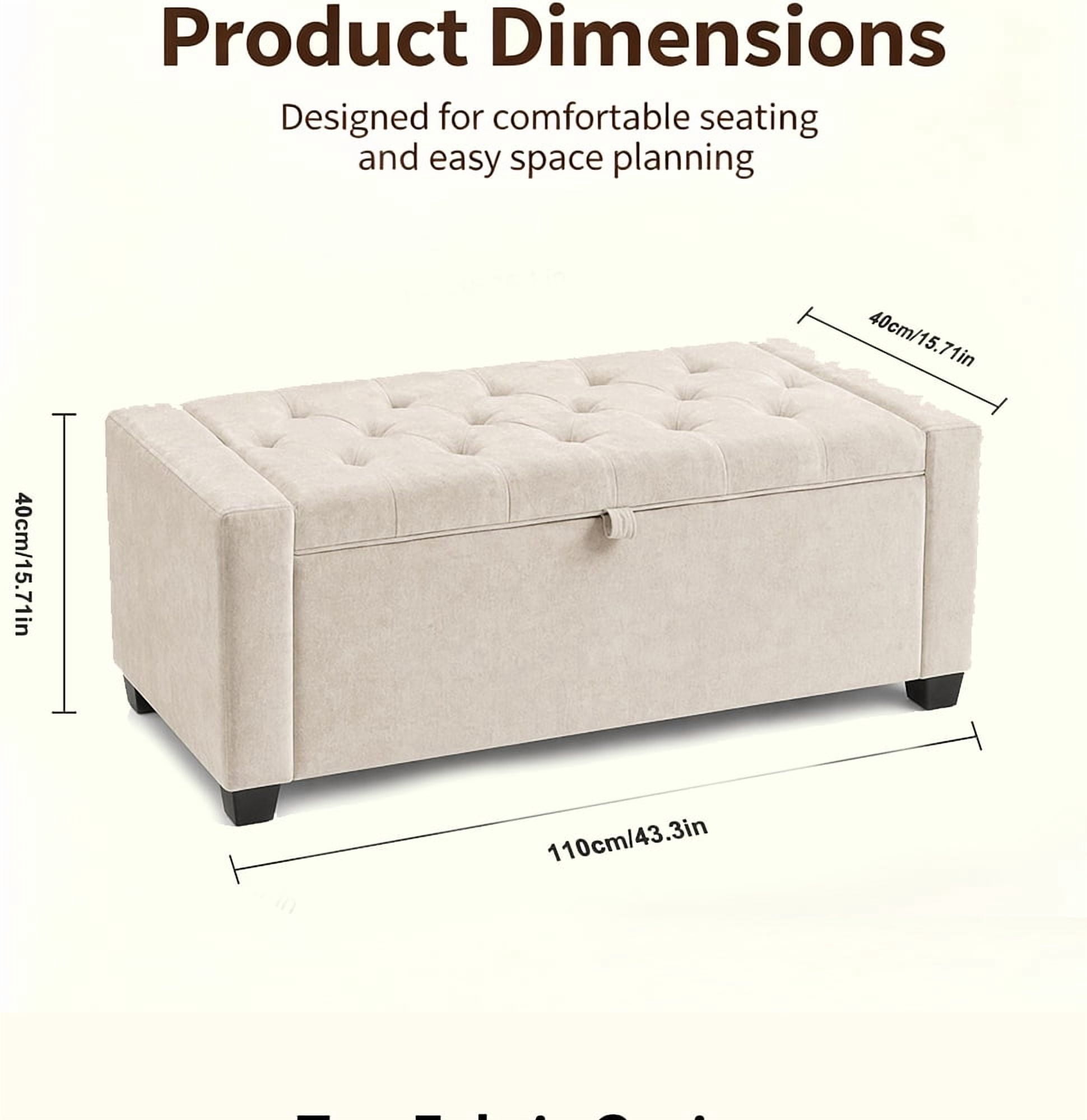 Storage Bench 43.3 Inch, Chenille Upholstered Ottoman Bench with Safety Hinge, End of Bed Storage Bench for Bedroom and Entryway, Beige