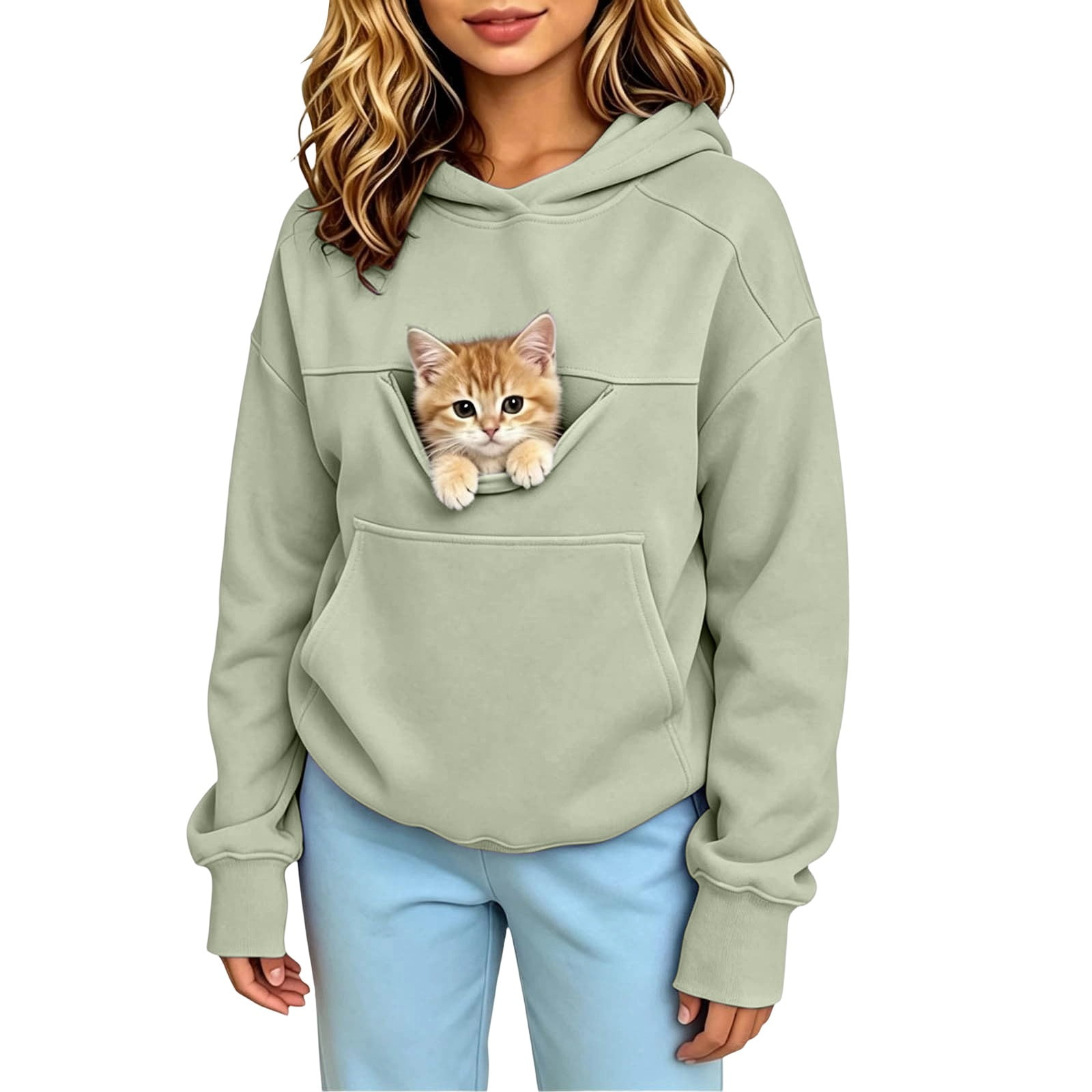 HOSIA Kids Cat Hoodie with Pouch Pet Carrier Hooded with Pocket Dog Cat Pouch Hoodie Sweatshirt Unisex Oversized Pet Rest Holder Pet Pouch Sweatshirt Pet Casual Drawstring Pullover Light Green 130