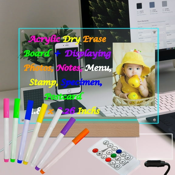 7 Colors Change 11.81" x 8.26" Light Up LED Dry Erase Board with Photo Display,Clear Acrylic Memo White Board with Picture Menu Sign Holder, Remote Control & Timmer