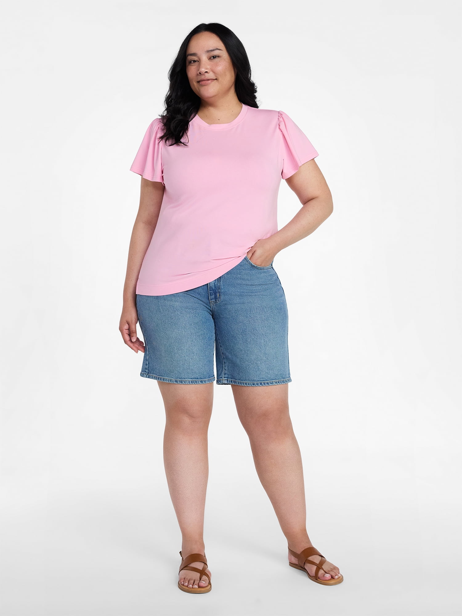 Time and Tru Women's High Rise Denim Bermuda Shorts, 9" Inseam, Sizes 0-20