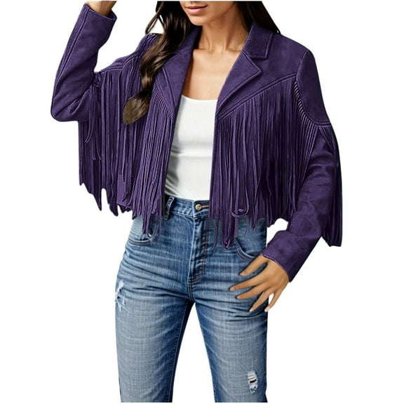 Wangmeiwg Women's Casual Jackets Women Fashion Fringe Suede Leather Fashion Tassel Motorcycle Cropped Coats L Purple
