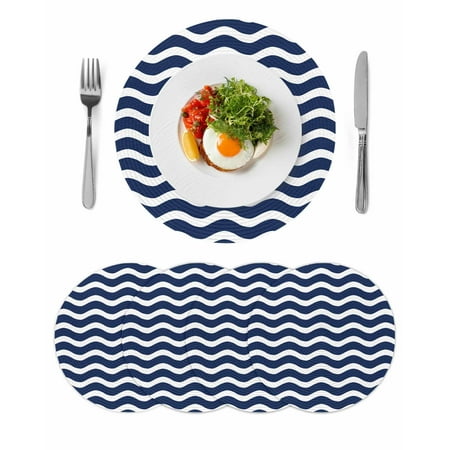 Navy Blue Moire Round 15 Inch Placemats Set of 4 Water Ripple Stripe Farmhouse HeatResistant Non Slip Place Mats for Dining Table Wipeable Braided Kitchen Table Mats for Housewarming