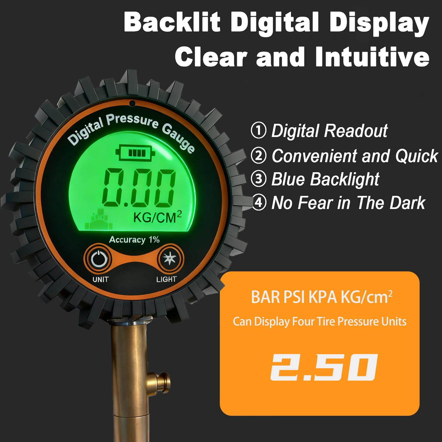 SUVCARMPING 250 PSI Digital Tire Pressure Gauge (±1% Accuracy) - Easy-to-Read Display with Valve Cap & 4-Way Valve Tool, Red