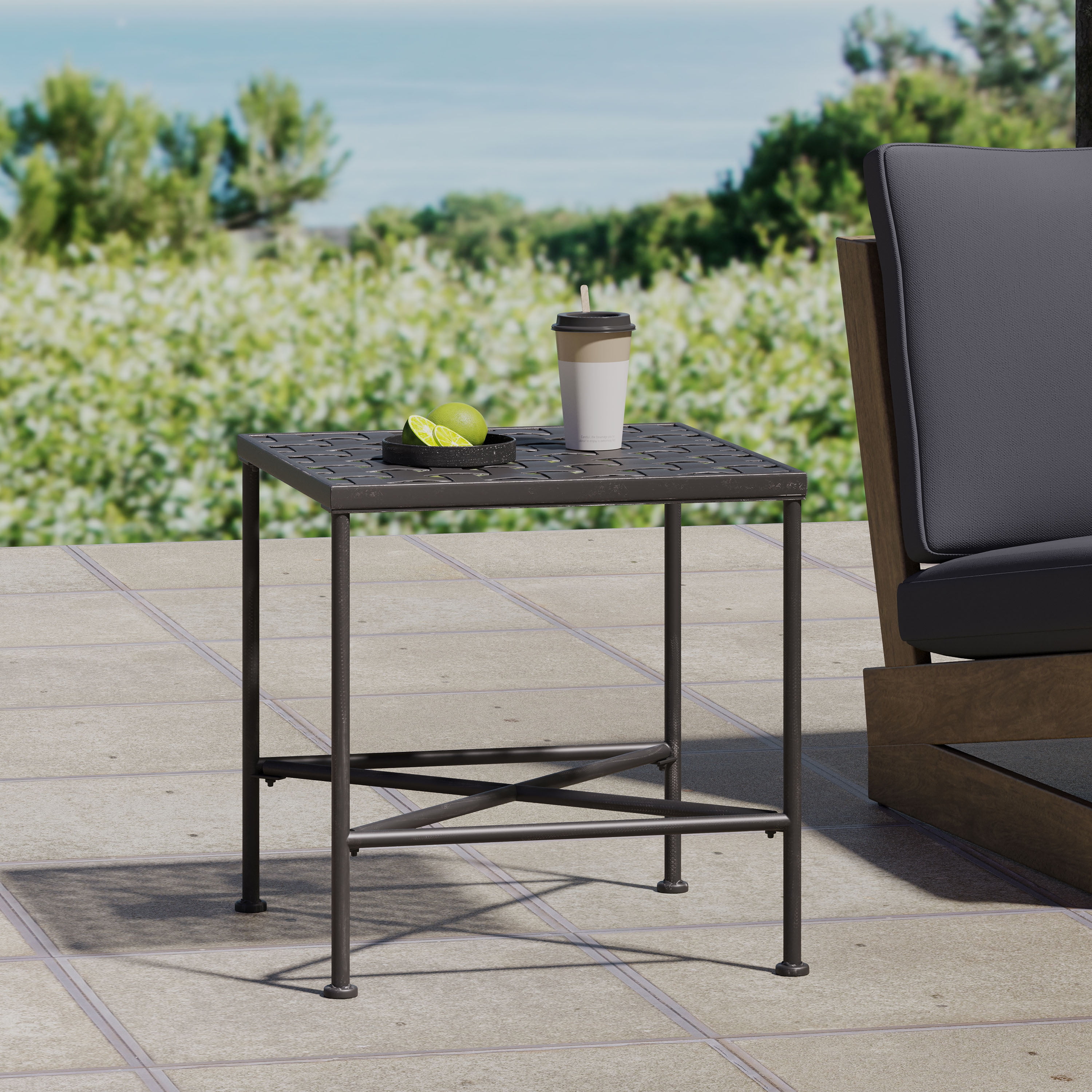Outdoor Iron Frame End Side Table, Simple Decor Accent Table for Patio Garden, Black Brush Silver