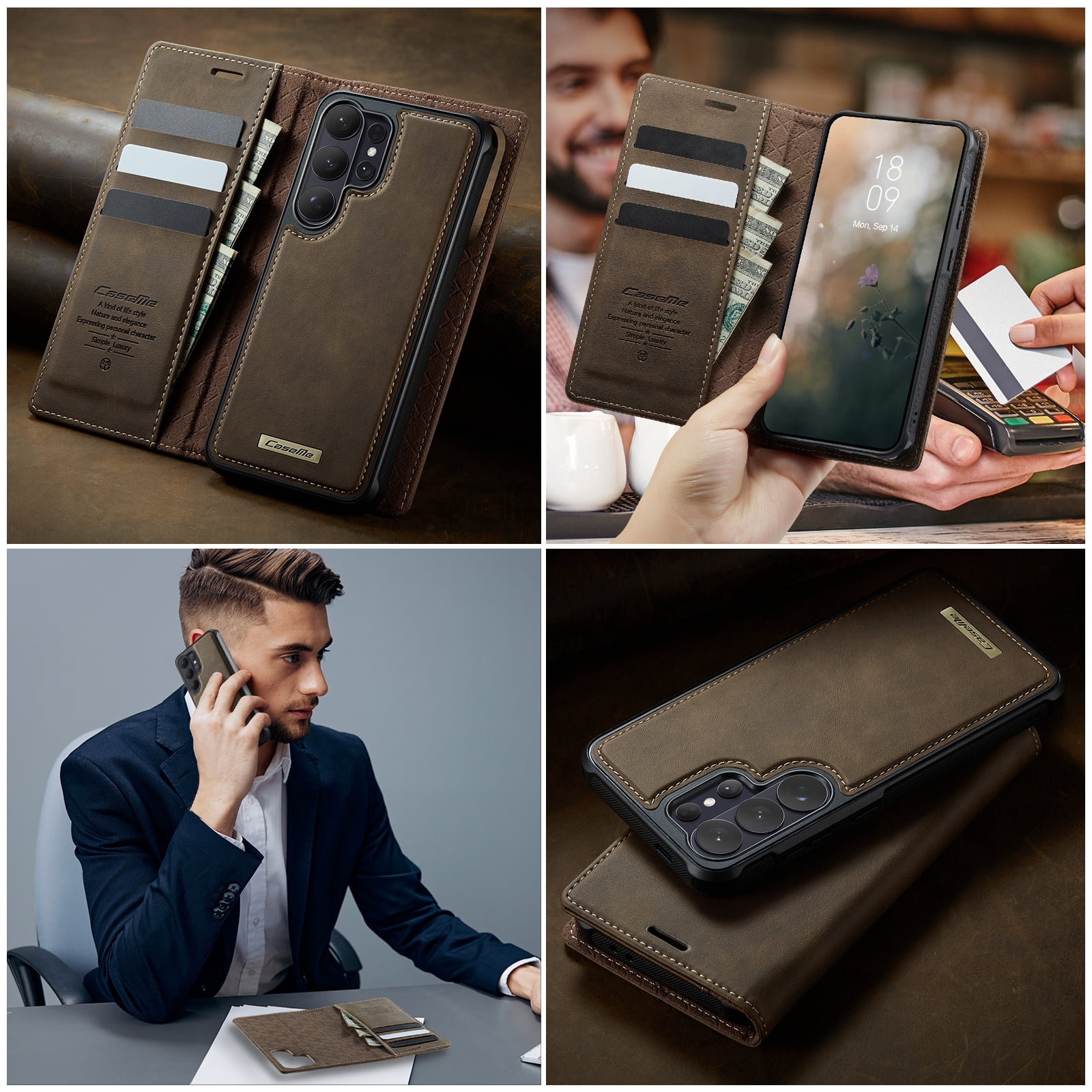 New Phone Case For Samsung Galaxy S26 Ultra, Business Leather Shockproof Flip Stand RFID Card Slots 2-in-1 Detachable Magnetic Wallet Case Cover,Coffee