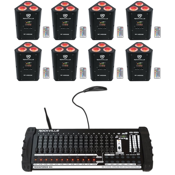 (8) Rockville RF WEDGE BLACK RGBWA UV Wireless DMX Up Lights 384 Ch. Controller
