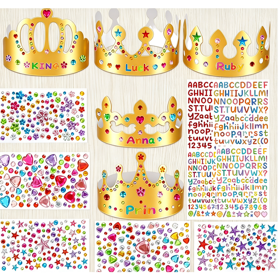 Gold Paper Crowns, Diy Birthday King Crowns Craft to Decorate, Paper Prince Princess Crown Hats for School Classroom 19 (10 Crowns 9Sticker Gems)