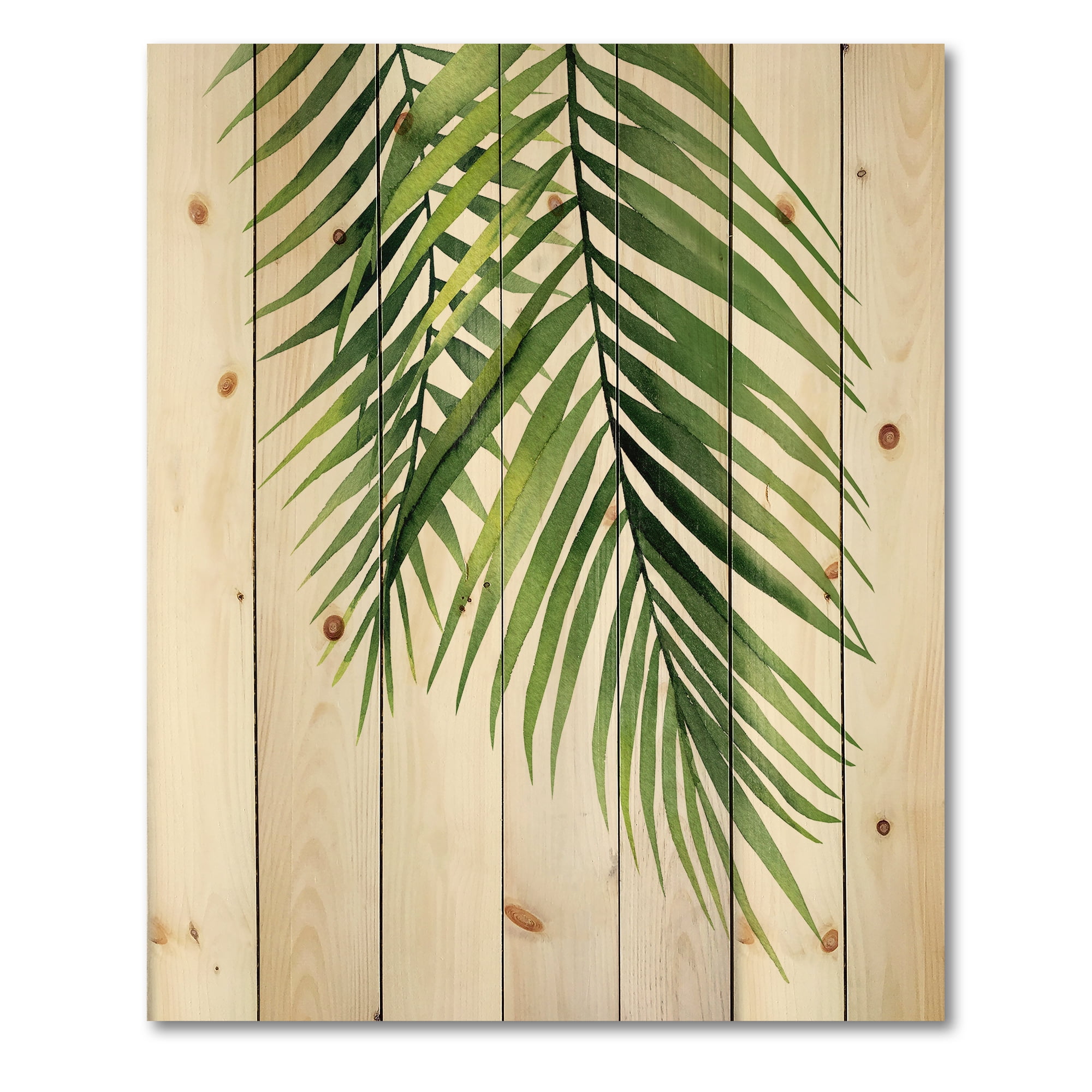 Designart 'Tropical Palm Branches' Tropical Print on Natural Pine Wood