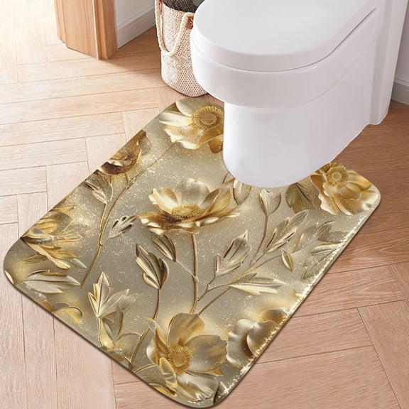 Toilet Rug U-Shaped Bathroom Rugs Non-Slip Soft Plush Machine Washable Contour Bath Mat Luxury Flower and Leaf 24x20