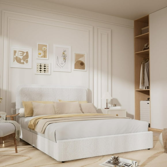 BeesClover Full Size Boucle Bed Frame, Modern Beige Upholstered Platform Bed Frame with Headboard, 4 Storage Drawers, Wooden Slats Support, No Box Spring Needed, Easy Assembly