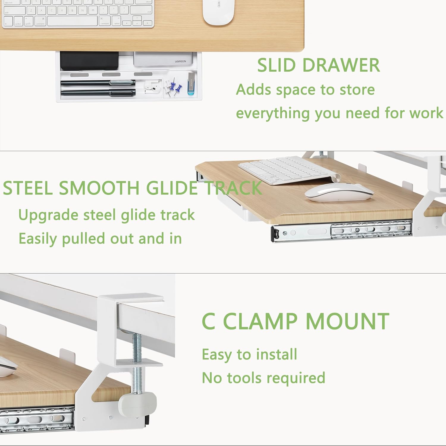 Under Desk Keyboard Tray with Slide Pull Out, C Clamp Mount, Ergonomic Computer Stand for Home Office, White, 19.7" x 12.2" Small Size