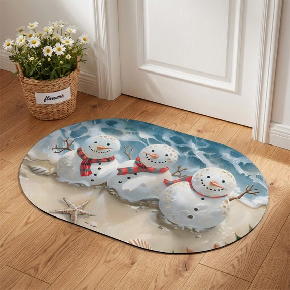Oval Door Mat 20"x31.5", Coastal Snowman Christmas Absorbent Non Slip Front Door Mat, Xmas Tree Starfish Beach Diatomaceous Entryway Rug for Indoor Patio Living Room Kitchen Door Entrance