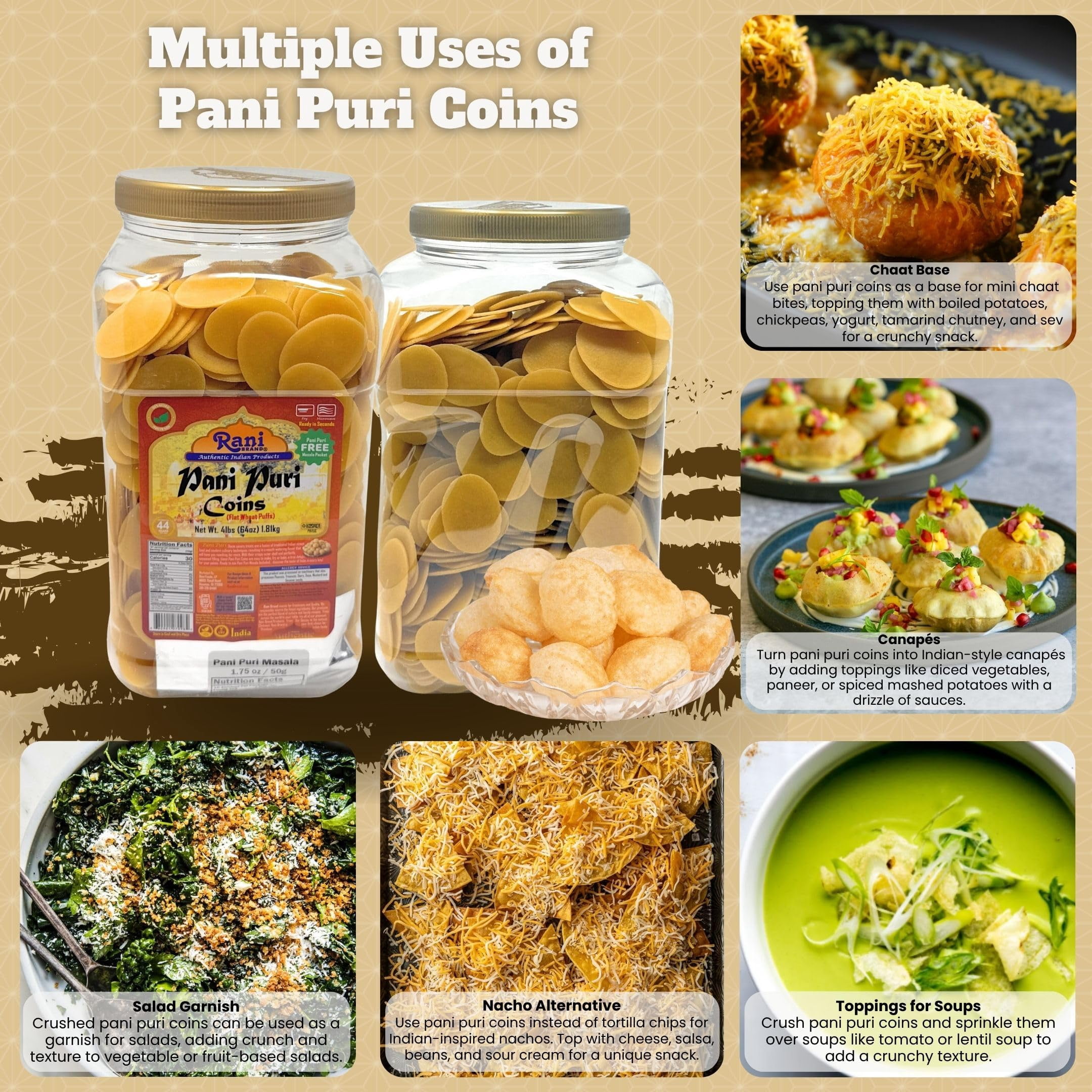 Rani Pani Puri Coins (Uncooked, Microwaveable Wheat Semolina Coins) 64oz (4lbs) w/Pani Puri Masala (14-Spice Blend for Indian Spicy Water) 1.75oz (50g) ~ All Natural | Vegan | NON-GMO | Kosher