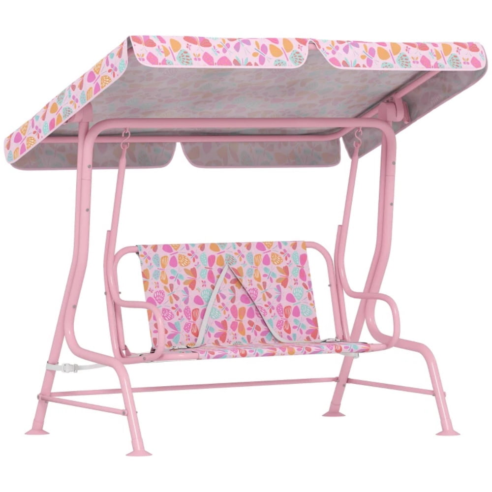 Pink Kids Swing Chair with Adjustable Canopy & Safety Seat Belts, Metal Frame, Non-Skid Feet, Butterfly Pattern for 3-6 Years Old (Poolside/Patio/Backyard)