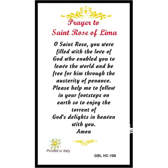 Saint Rose of Lima Imported from Italy Blessed Laminated Holy Card with Gold Accents
