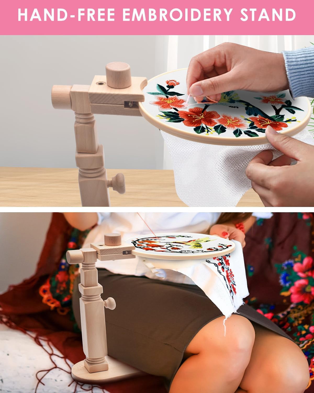 Wood Embroidery Hoop Stand, with 3pcs Embroidery Hoops (3inch + 6inch + 8inch), Adjustable Rotated Wooden Embroidery Hoop Holder for Cross Stitch and Embroidery Projects