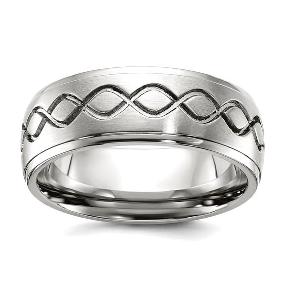 Stainless Steel Scroll Design Brushed and Polished 8mm Ridged Edge Band Ring Size 13 Ring for Women and Men