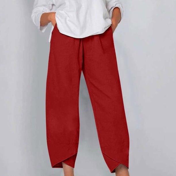 ICHUANYI Clearance Women Casual Solid Pants Comfortable Elastic High Waist Casual Beach Pants(Red, M) ICHUANYI WER2023081008478