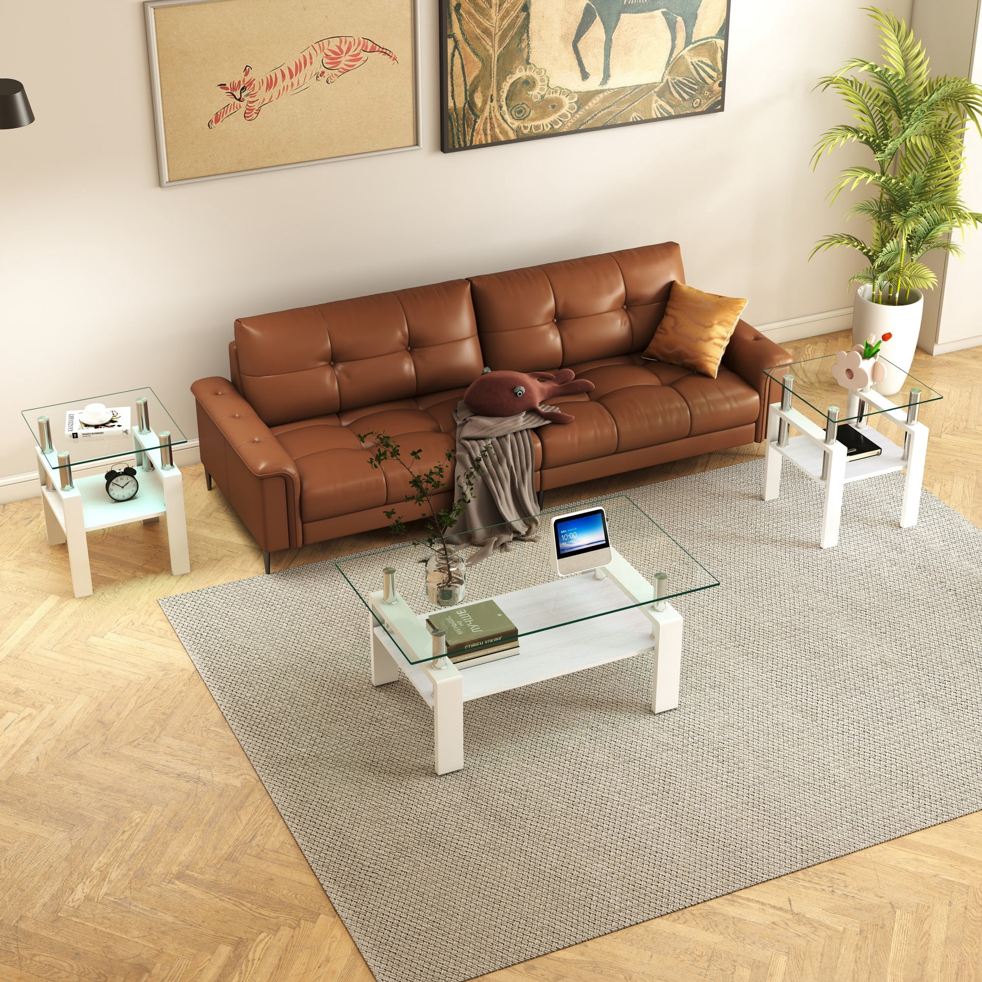 Euroco Set of 2 Modern Tempered Glass Tea Table,Tempered Glass Tabletop with MDF Layer,Coffee Table,End Table, Square Table for Living Room, Transparent/white
