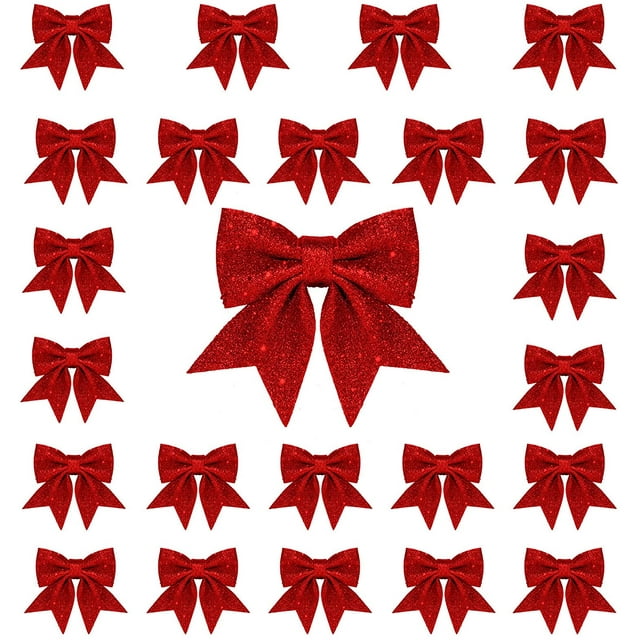 24 piezas de decoraciones de lazos de Navidad de 5,5 pulgadas, lazos de coronas, pequeños lazos de árbol de Navidad con purpurina, adornos de lazos decorativos de Navidad para la fiesta de Navidad en
