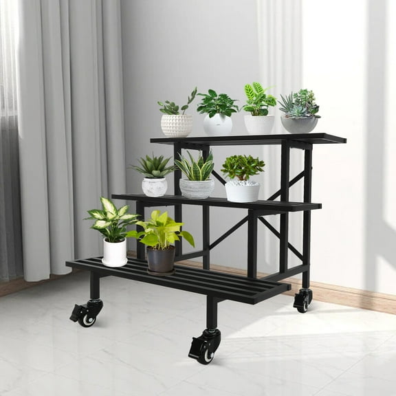 Miumaeov 3 Tier Metal Plant Stand Free Standing Flower Pot Holder Open Shelf Moving Potted Stand