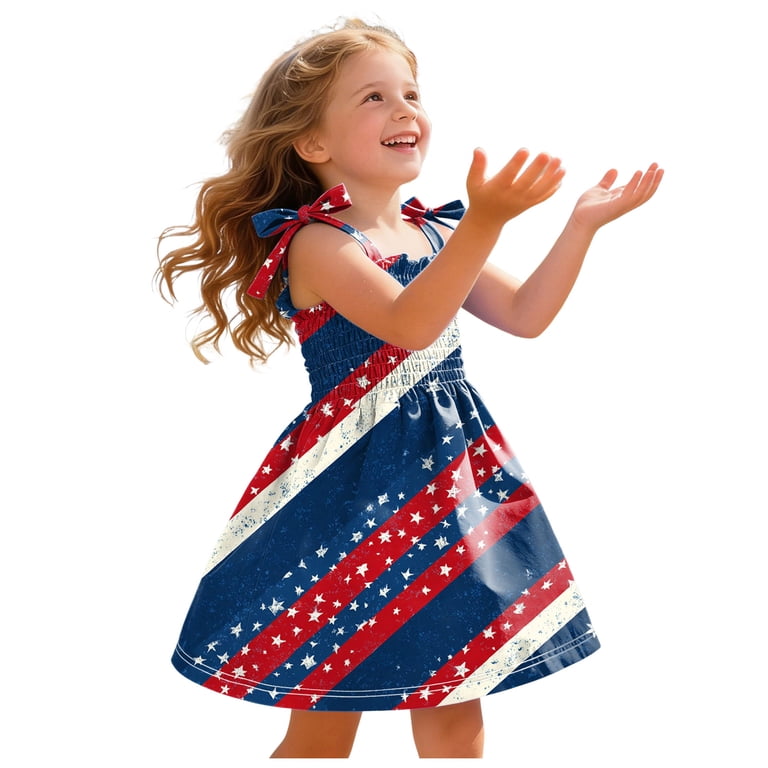 cute picture day dresses Wxirdiow Girls Independence Dress Toddler Girl 4th of July Outfit Little Girl Fourth of July Dress Patriotic Smocked Clothes Hot Pink patriotic parades Cute Casual Dresses - Everyday