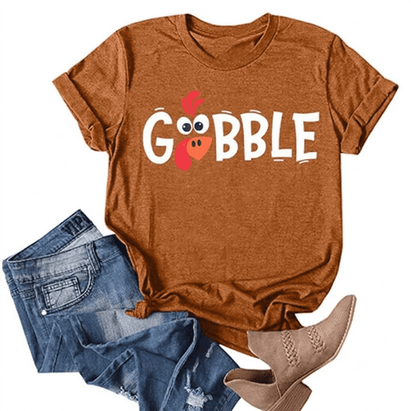 DEXIO Gobble Thanksgiving T-Shirt for Women Funny Turkey Graphic Print Shirts Fall Tee Tops Brown L