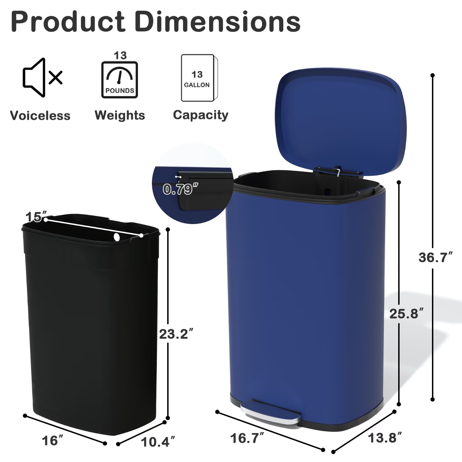 YRLLENSDAN 50 Liter/13 Gallon Stainless Steel Trash Can, Garbage Can with Lid and Removable Inner Bucket, Fingerprint Proof Trash Bin for Bathroom Kitchen Bedroom Office, Deep Blue