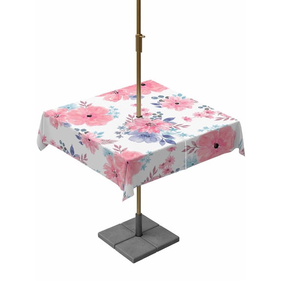 Outdoor Tablecloth with Umbrella Hole for Patio/Picnic/Party/Camping, Pink Watercolor Floral Waterproof Table Cloth Square Cover Washable, Spring Flower Abstract Art (60"x 60")