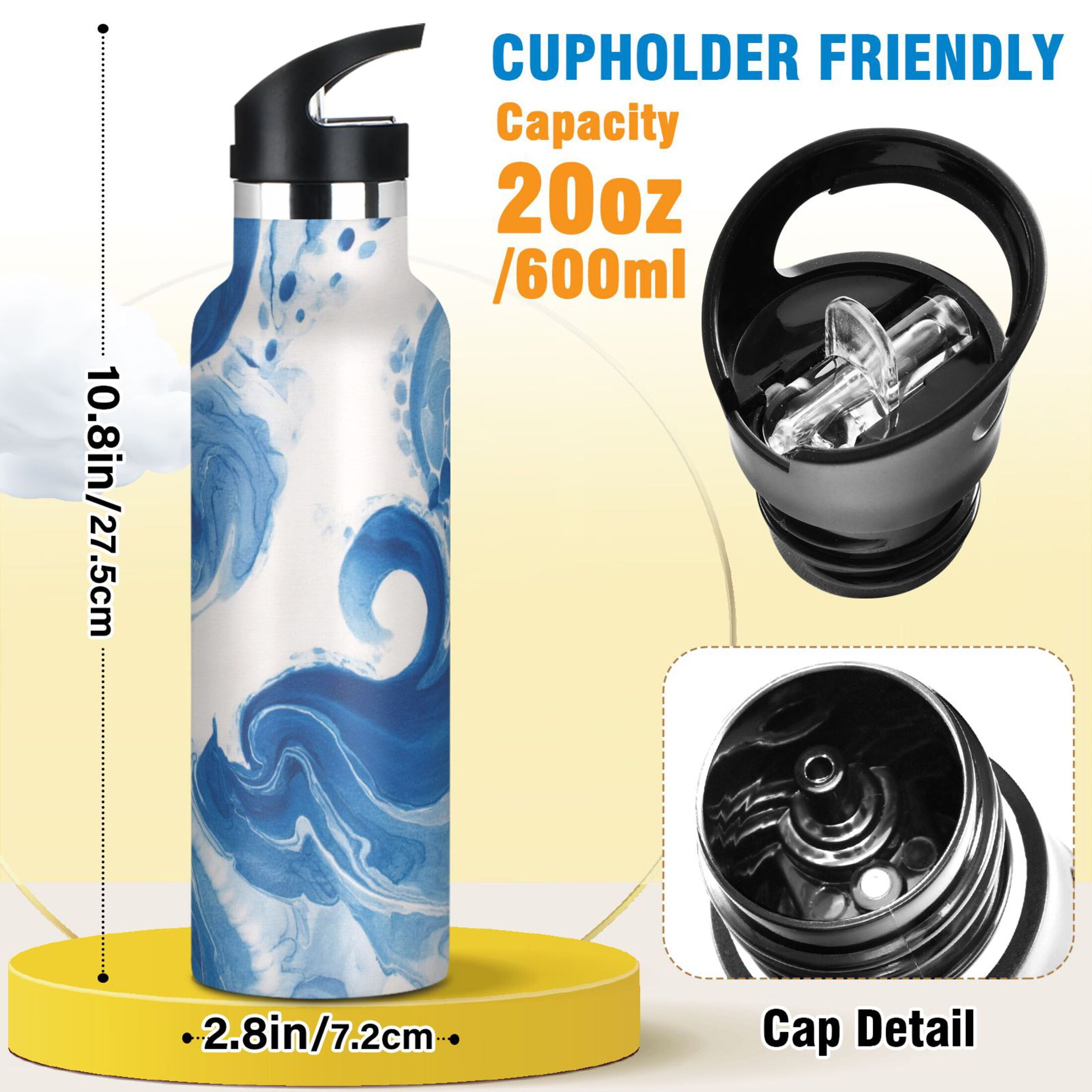 Kids Insulated Stainless Steel Sports Water Bottle 600ml (20oz) Indigo Blue Tie-dye Pattern