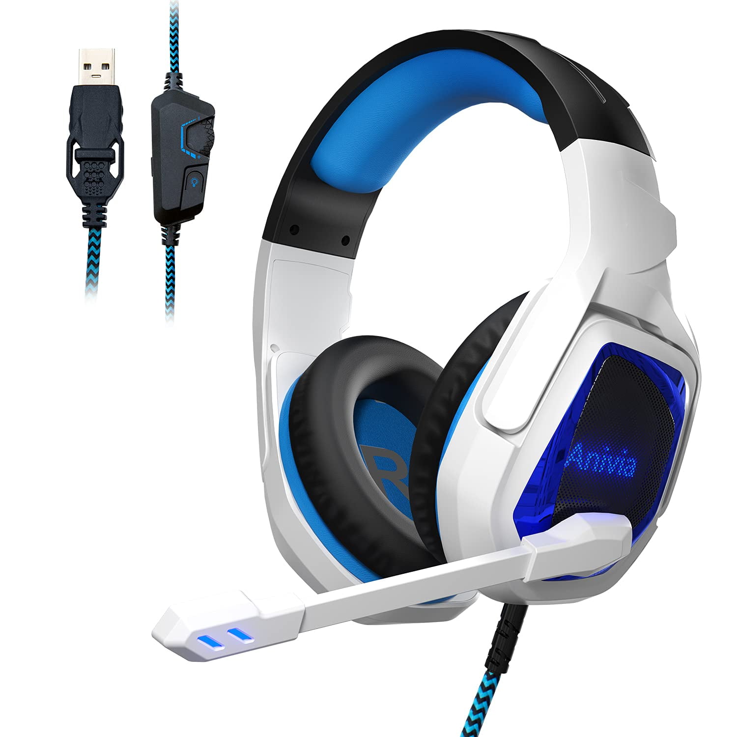 Gaming Headset PS4 Headset Soft Memory Earmuffs Over Ear Headphones with Mic Stereo Bass Surround for PS4 PC Xbox One Controller Laptop Mac USB MH901 Blue White Blue Walmart