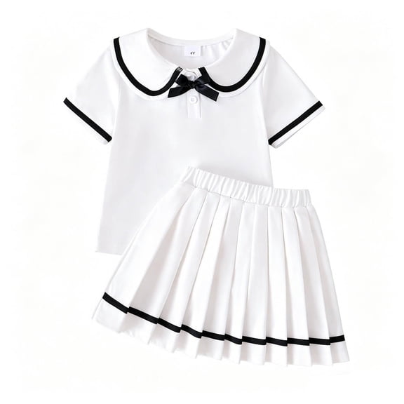 RMGVDSD Girl's 2 Piece Outfits Summer Girls Outfits Set Preppy Style Short Sleeve Collar T Shirt Pleated Skirt Short Skirts Two Piece Set 4 Years