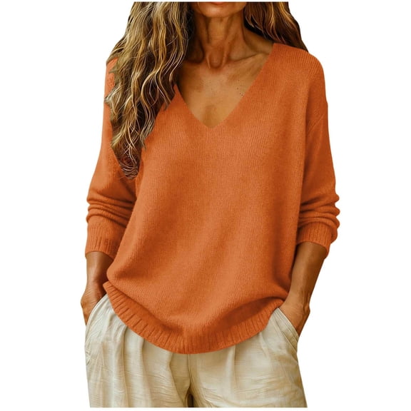 Perfectbot Women's V Neck Knit Sweater, Long Sleeve Loose Fit Fall & Spring Top with Ribbed Trim