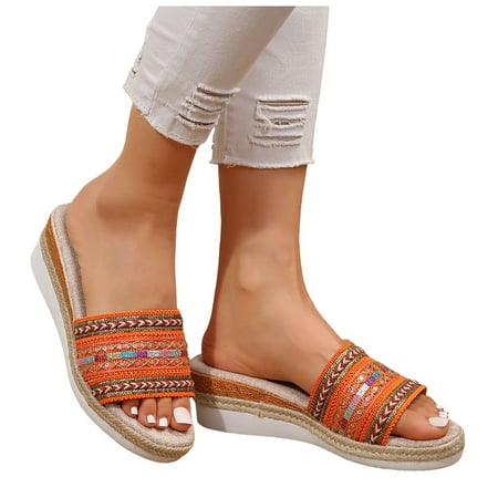 

ZHAGHMIN Strappy Sandals Womens Summer Casual Wedge Slippers Women Bohemian Style Weaving Thick Bottom Open Toe Large Size Sandals Orange Size8