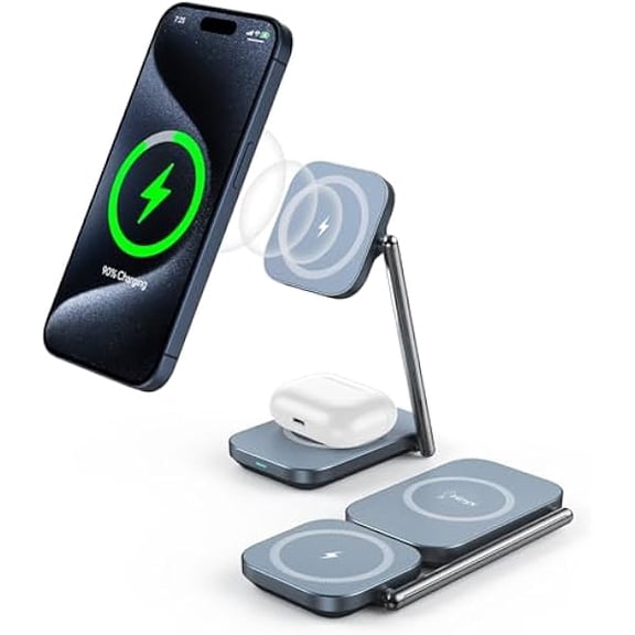 FU19992-in-1 MagSafe Charger Stand, 20W Foldable Travel Fast Magnetic Wireless Charger, Zinc Alloy Wireless Charging Station for iPhone 15/14/13/12 Series, AirPods Pro/3/2