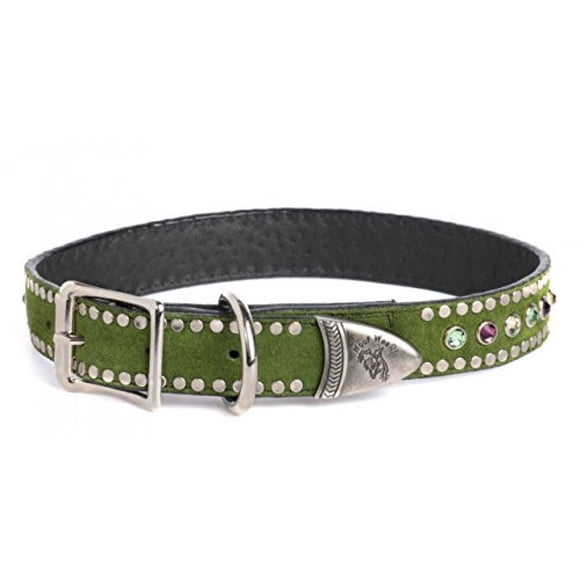 Collier pour Chien 100 % Cuir Suédé Italien avec Cristaux Swarovski Tricolores - Vert Olive - 3/4 Pouces X 16 Pouces